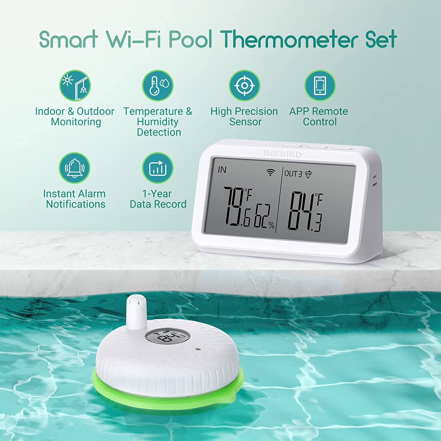 Wlan zwembadthermometer met wifi-gateway hub, app, drijvende draadloze Wlan zwembadthermometer met wifi-gateway hub, app, drijvende draadloze