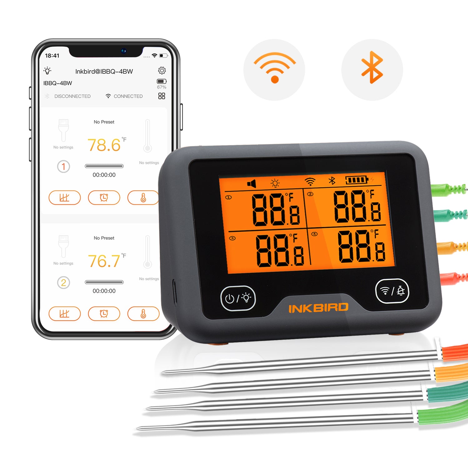 INKBIRD Wireless Wi-Fi & Bluetooth Grill Meat Thermometer IBBQ-4BW